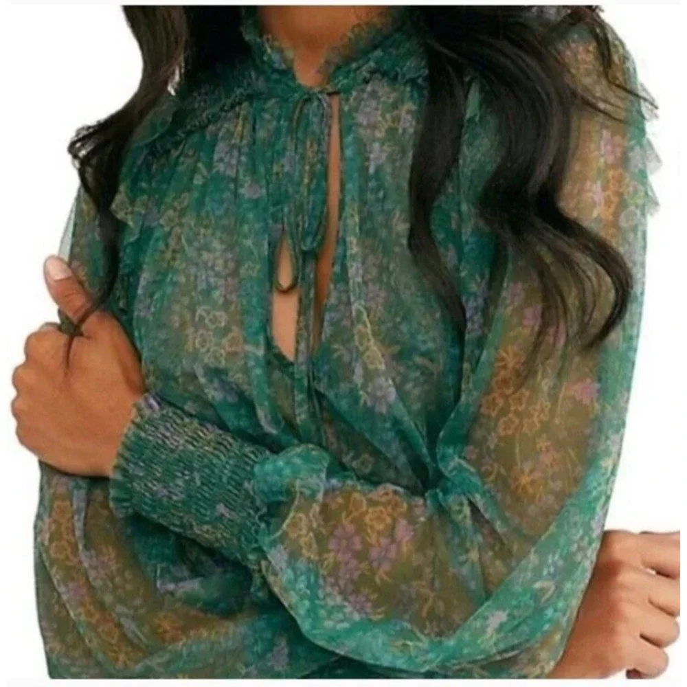 Free People Twyla Floral Sheer Blouse Women XS Ruffled Smocked Green Cottagecore